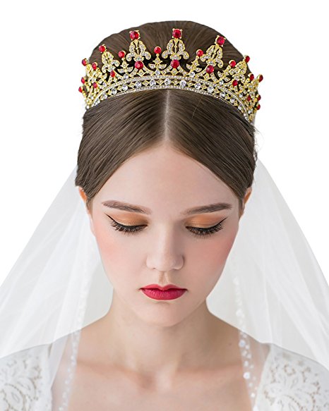 SWEETV Royal Wedding Crown CZ Crystal Pageant Tiara Bridal Headpiece Women Hair Jewelry, Gold Ruby