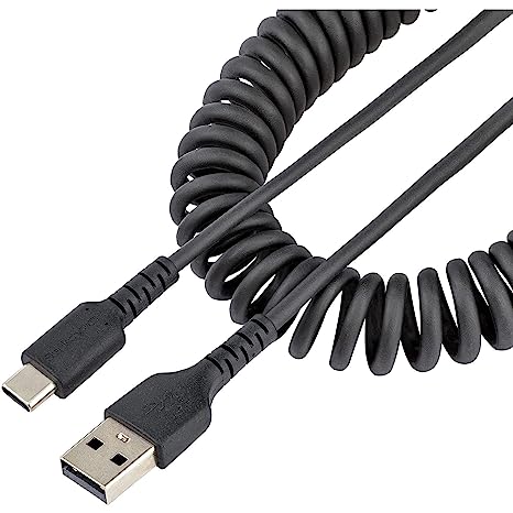 StarTech.com 3ft (1m) USB A to C Charging Cable, Coiled Heavy Duty Fast Charge & Sync USB-C Cable, USB 2.0 A to Type-C Cable, Rugged Aramid Fiber, Durable Male to Male USB, Black (R2ACC-1M-USB-CABLE)