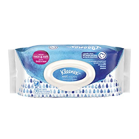 Kleenex Wet Wipes, For Hands and Face, No Chemicals, On-the-go, Flip-top Pack, 56 Wipes, Gentle Clean to remove dirt and makeup