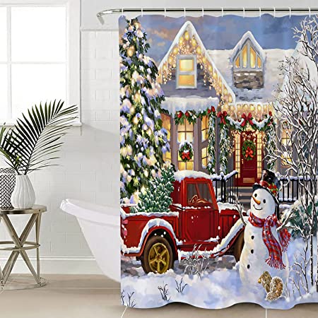Arts Language Christmas Happy Snowman Shower Curtain Winter Snow Xmas Tree Red Trcuk Bath Curtains for Kids/Boys/Girls Bathroom Decor Waterproof Polyester Fabric Shower Curtain with Hooks 60x72in