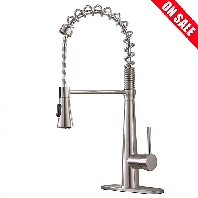 VAPSINT Commercial Single Handle Stainless Steel Pull Down Sprayer Spring Brushed Nickel Kitchen Faucet, Kitchen Sink Faucet With Deck Plate