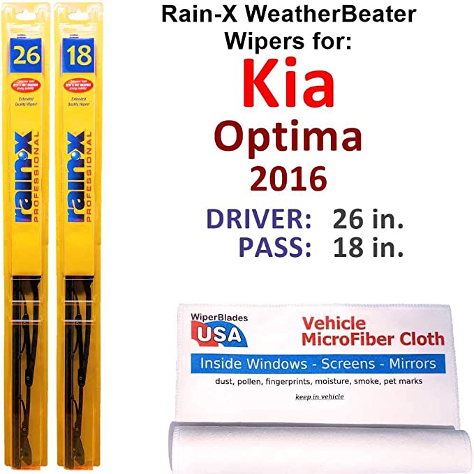 Rain-X WeatherBeater Wiper Blades for 2016 Kia Optima Set Rain-X WeatherBeater Conventional Blades Wipers Set Bundled with MicroFiber Interior Car Cloth