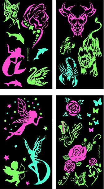 Premium Glow in the Dark Tattoos Glowing Temporary Tattoo Shimmer Gold Temporary Fake Jewelry Fluorescent Tattoos 4 Sheets