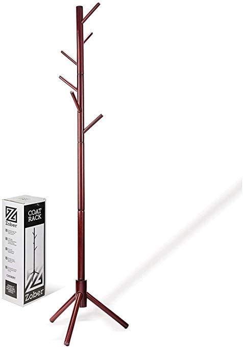 High-Grade Wooden Tree Coat Rack Stand, 6 Hooks - Super Easy Assembly NO Tools Required - 3 Adjustable Sizes Free Standing Coat Stand, Hallway Coat Hanger Hat Stand, for Handbag, Clothes & Accessories