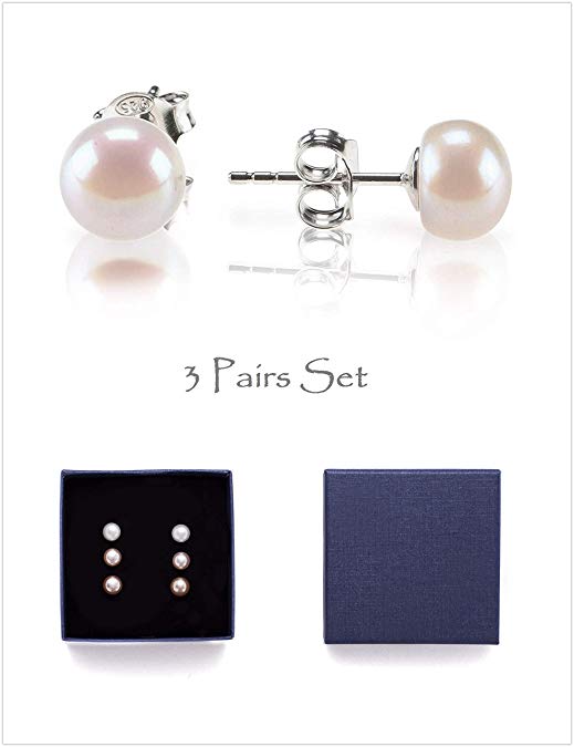 Lantitude Pearl Earrings Stud 3 Pairs Set Basic Stud Earrings Post 925 Sterling Silver Pin Style Lightweight Earrings for Women Girls