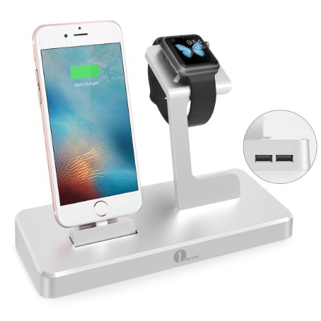 1byone Apple Watch Charging Stand 3-in-1 Charging Dock for iWatch iPad and iPhone with 2 USB Ports Apple MFi Certified Power Station in Aluminium Alloy Silver