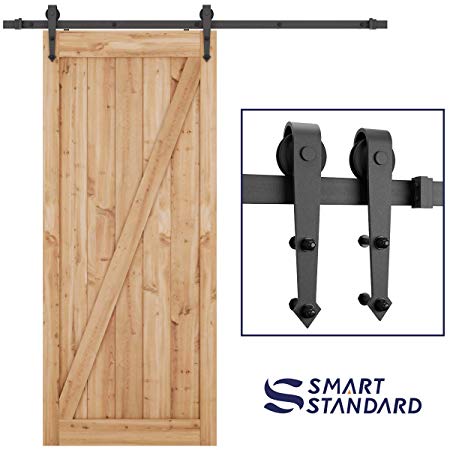 SMARTSTANDARD 6.6 FT Heavy Duty Sliding Barn Door Hardware Kit, Single Rail, Black, Super Smoothly and Quietly, Simple and Easy to Install, Fit 36"-40" Wide DoorPanel (Arrow Shape Hangers)