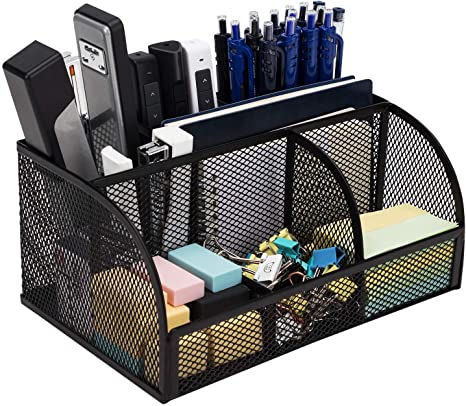 Deli Mesh Desktop Organizer Office Supplies Caddy with Pen Holder and Storage Baskets for Desk Accessories, 7 Compartments, Black