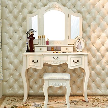 Tribesigns French Vintage Ivory White Vanity Dressing Table Set Makeup Desk with Stool & Mirror Bedroom