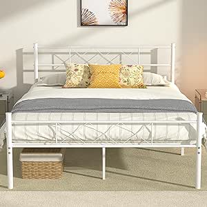 VECELO Full Size Bed Frame with Headboard, Heavy-Duty Platform with Strong Metal Slats, No Box Spring Needed, Easy Assembly, Pure White