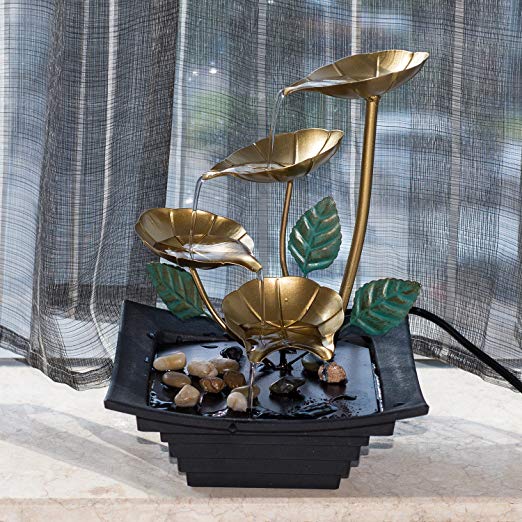 Diensday Indoor Tabletop Fountain Decor Home Light Relaxation Cascading Rock Pump Waterfall Fountains Zen Small Desk New(10.2"H- 4 Tier lotus leaves modeling,metal top,plastic base,pump included)