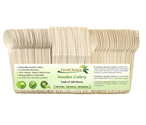 Disposable Wooden Cutlery Sets - 300 Piece Total: 100 Forks, 100 Spoons, 100 Knives, 6" Length Eco Friendly Biodegradable Compostable Wooden Utensils Wooden Cutlery By First Choice