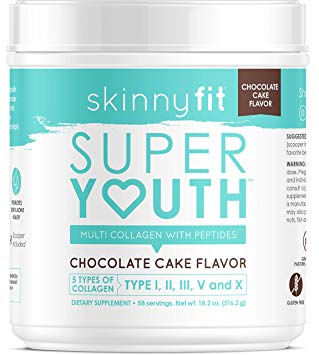 SkinnyFit Super Youth Collagen Powder Chocolate Cake Flavor, Types I, II, III, V and X, Joint & Bone Support, Glowing Hair, Skin, and Nails, 58 Servings