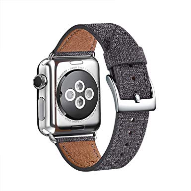 WFEAGL Compatible iWatch Band, Top Grain Leather Band Replacement Strap with Stainless Steel Clasp for iWatch Series 3,Series 2,Series 1,Sport, Edition (Denim Gray Band Silver Buckle, 42mm)