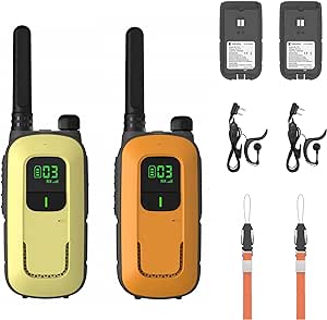 Radioddity PR-T3 Walkie Talkie Bambini Ricaricabile Walkie-Talkie a Lungo Raggio per 3-12 Anni Con 16 Canali PMR Senza Licenza, Ricarica USB, Cuffia per Campeggio e Escursionismo (Arancione/Giallo)