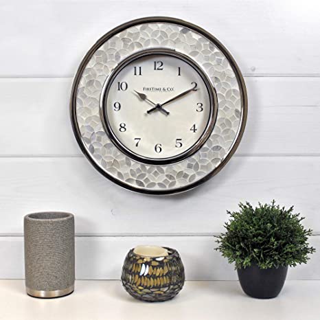 FirsTime & Co. Arabesque Mosaic Wall Clock, 10.5", White, Chrome