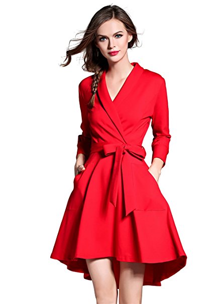 LAI MENG FIVE CATS Women V Neck 3/4 Sleeve Pleated Swing A-Line Skater Cocktail Dress With Belt