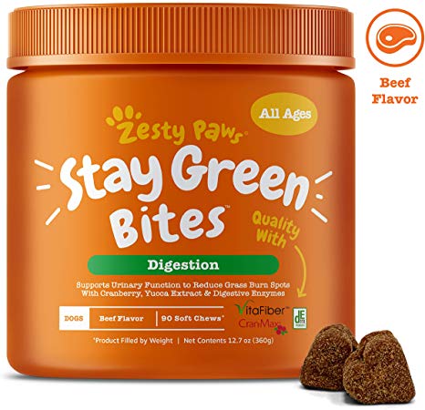 Zesty Paws Stay Green Bites for Dogs - Grass Burn Soft Chews for Lawn Spots from Dog Urine - Cran-Max Cranberry for UT & Bladder - Apple Cider Vinegar, Digestive 90ct