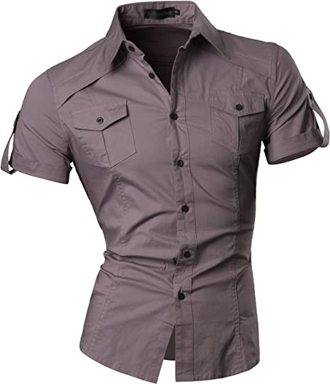 jeansian Men's Casual Slim Fit Short Sleeves Dress Shirts Tops 8360