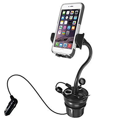 Macally Car Cup Holder Phone Mount with Two USB Charging Ports 4.2A 21W, 2 Cigarette Lighter Sockets, & 8" Long Neck (MCUPPOWER)