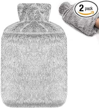 Jsdoin Hot Water Bottle with Luxury Cosy Faux Fur Cover UK, 2L Leakproof Hot Water Bag for Neck, Shoulder Pain and Hand Feet Warmer (Grey)