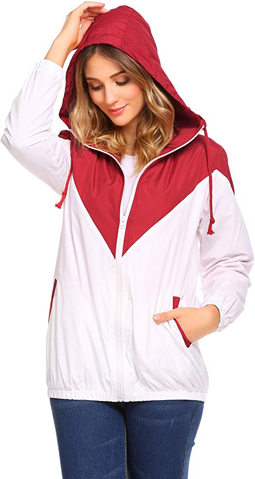 Zeagoo Women Lightweight Hooded Full Zip Raincoat Patchwork Outdoor Casual Waterproof Jacket