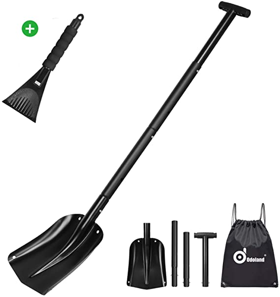 Odoland 43" Folding Shovel, Camping Shovel, Survival Shovel, Garden Shovel with Ice Scraper, Aluminum Alloy Sand Mud Snow Removal Tool for Car, Outdoor, Lawn and Garden