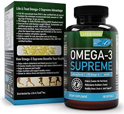 Omega 3 Supreme Strength 1400 mg - High EPA DHA Fish Oil (3 MO. SUPPLY*) 180 Burpless Softgels, MSC Certified & 3rd Party Tested - Improved Absorption