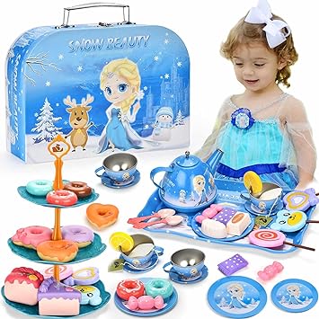 Lajeje Tea Party Set for Little Girls - Frozen Toys for Girls - Elsa Princess 48 Pack Kids Kitchen Pretend Toy with Tin Tea Set, Desserts & Carrying Case - Birthday Gift for Age 3 4 5 6 Year Olds