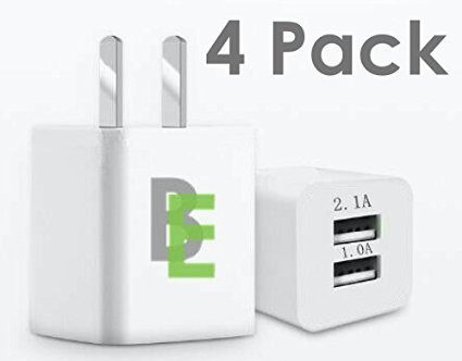 2.1A/1.0A Dual USB Wall Charger / Chargers. Charge your tablet and other device at the same time. Compatible with all iPhones, all iPads and iPods, Samsung Galaxy S3-7, and many more (4 pack)