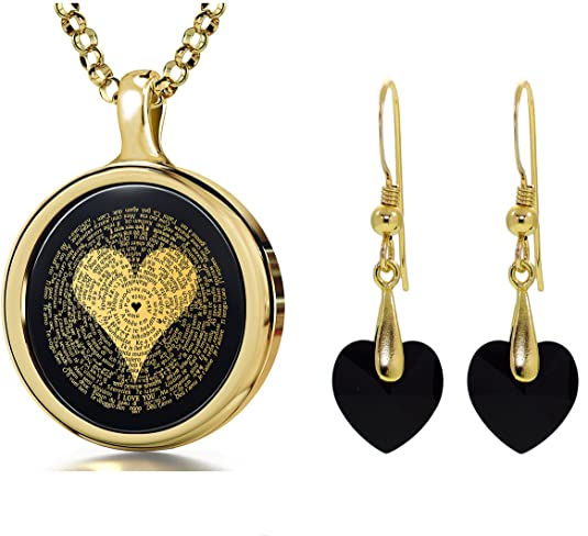 I Love You Necklace 24k Gold Inscribed in 120 Languages in Miniature Text on Round Black Onyx Gemstone Pendant and Black Crystal Heart Drop Earrings Jewelry Set for Women, 18" Rolo Chain