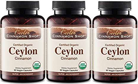 Organic Ceylon Cinnamon (100% USDA Certified) Supplement, 90 Capsules Per Bottle (3 Bottles)