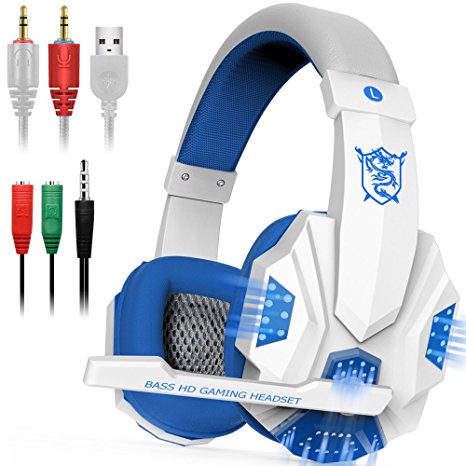 Gaming Headset with Mic and LED Light for Laptop Computer, Cellphone, PS4 and the New Xbox One, DLAND 3.5mm Wired Noise Isolation Gaming Headphones - Volume Control.( White and Blue )
