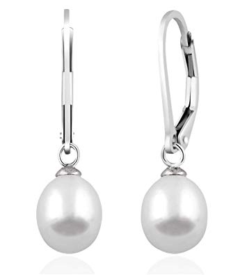 Handpicked AAA  Genuine Freshwater Cultured Pearl 8mm Drop 925 Silver Leverback Dangle Stud Earrings for Women