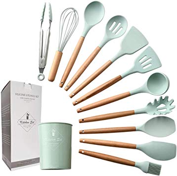 UniForU Silicone Cooking Utensils Kitchen Utensil Set with Natural Wooden Handles Nonstick Spatula Spoon Colander Kitchen Tool Turner Tongs 11Pcs