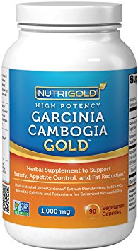 NutriGold Garcinia Cambogia Extract GOLD - 1000mg Per Capsule - High Potency (The ONLY Clinically-Proven 100% Pure Garcinia Cambogia Featuring Water-Soluble Extract Used in Real Clinical Trials) - Weight-Loss and Appetite Suppressant That Works - 90 Veggie Capsules