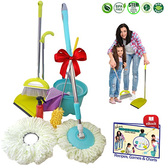 Kids Cleaning Set - Skoolzy Toddler Toys | Montessori Materials with Real Microfiber Spin Mop, Broom and Dustpan Cloth, Spray Bottle, Extendable Duster for Little Girl or Boy | Non Toxic Recipes eBook