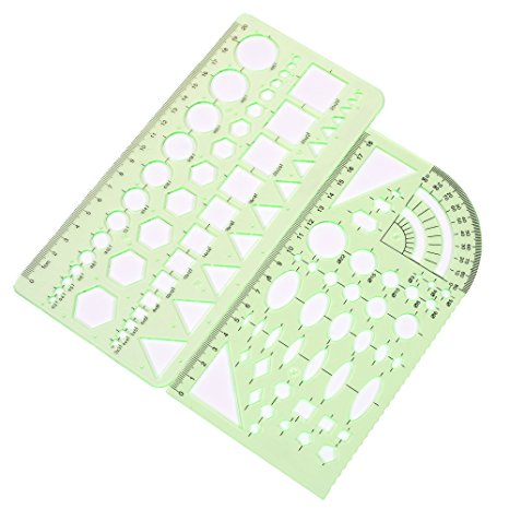 BCP Set of 2 Clear Green Color Plastic Measuring Templates Geometric Rulers for Office and School