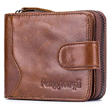 Fenggtonqii Mens Bifold Wallet Genuine Leather, Zipper Credit Card Wallet Holder, with 4 ID Window and 16 Credit Card Slots - Brown