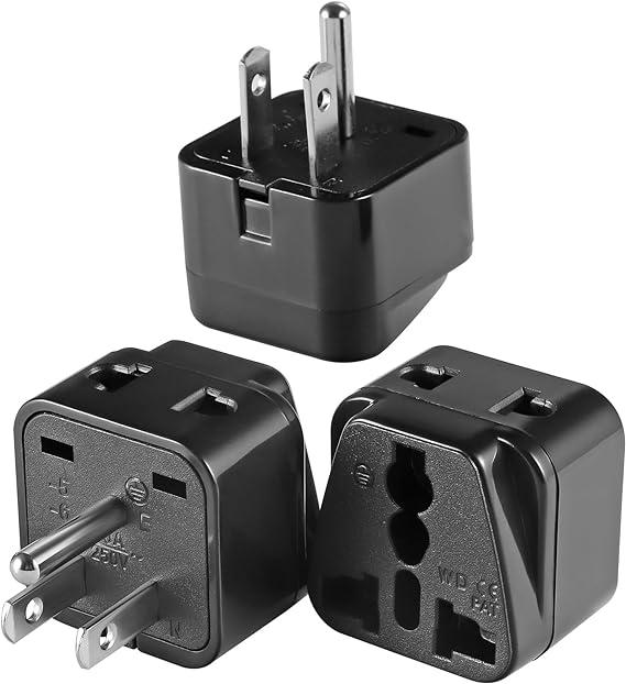 3 Pack US Travel Plug Adapter, EU/UK/AU/in/CN/JP/Asia/Italy/Brazil to USA (Type B), 3 Prong Grounded USA Wall Plug Wall Outlet Power Charger Converter Black