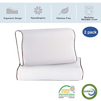 Memory Foam Pillow for Sleeping-Contour Neck Support Cervical Pillow with Zipper Cover,Hypoallergenic Odor Free Bed Pillow for Back, Stomach, Side Sleepers-Pack of 2