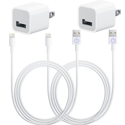 iPowerdirect 2X 1Amp AC Wall Charger2X 3ft Certified OEM Design Replacement 8 Pin To USB Cable Sync Data Transfer Charger Cord For iPhone 6 6s Plus iPhone 5s 5c 5 iPad Mini 1 2 3 iPod Touch 5 Nano 7