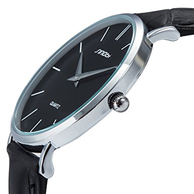 Men's Watch Super Slim Casual Analog Quartz Watch Leather Band Black
