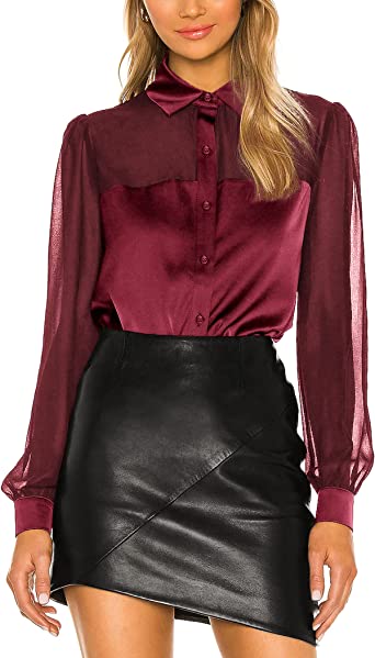 Zeagoo Womens V Neck Button Down Shirts Satin Silk Blouse Mesh Long Sleeve Casual Work Tops