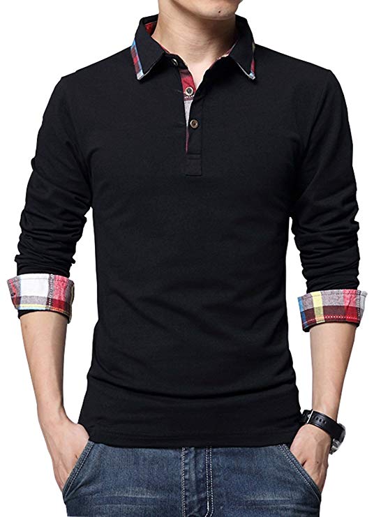 XTAPAN Men's Casual Stripe Long Sleeve Slim Fit Polo Cotton T Shirt