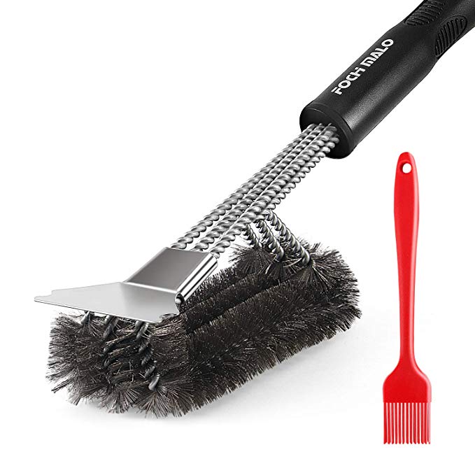 FOCH MALO Grill Brush With Scraper, Premium BBQ Grill Cleaner, 3-In-1 Barbecue Cleaning Brush, Stainless Steel Wire Bristles, Great Grill Accessories Gift - BONUS Silicone Basting Brush