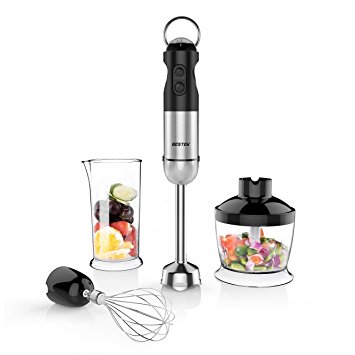 Hand Blender, BESTEK 3 in 1 700W stainless steel hand mixer, 500ml Chopper Bowl, Egg Whisk, 800ml Vessel, 5 Speeds control with Turbo Function for Smoothie, Soup, Baby Food