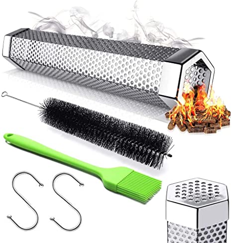 Pellet Smoker Tube 12'' Portable Perforated Stainless Steel BBQ Smoke Generator for Hot/Cold Smoking，Accessories -2 S Shape Hooks,1 Silicone Brush，1 Cleaning Brush