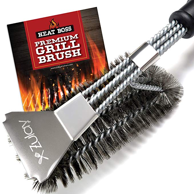 Heat Boss Grill Brush and Grill Scraper, 3 Rows of Reinforced Stainless Steel Bristles, Best Heavy Duty Grill Cleaner Safe for All Grill Types, Long 18" BBQ Grill Brush Handle - by Zulay Kitchen