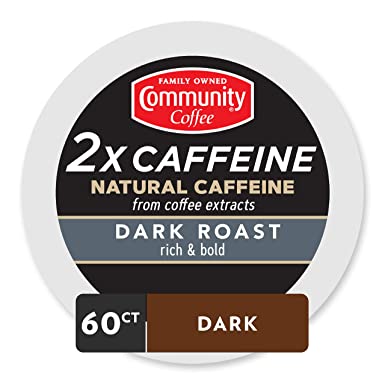 Community Coffee - 2X Caffeine Dark Roast 60Count (6 Pack of 10) Single Serve Coffee Pods, Compatible with Keurig 2.0 K Cup Brewers